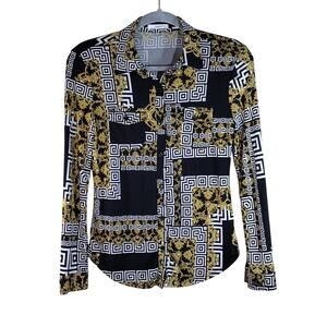 Timing Fashion Black White Gold Floral Flowy Button Formal Bold Blouse Shirt